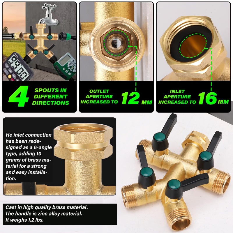 ZaakWang Garden Faucet Splitter  4 Way Hose Splitter  Multi-Directional High Output Outdoor Splitter  3/4"" GHT Thickened Hex Inlet  Heavy Duty Solid Brass Spigot Adapter with Comfort Extension Handles - Image 4